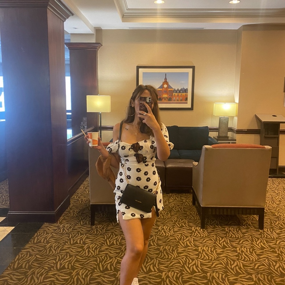 Floral Puff Sleeve Dress - White and Black